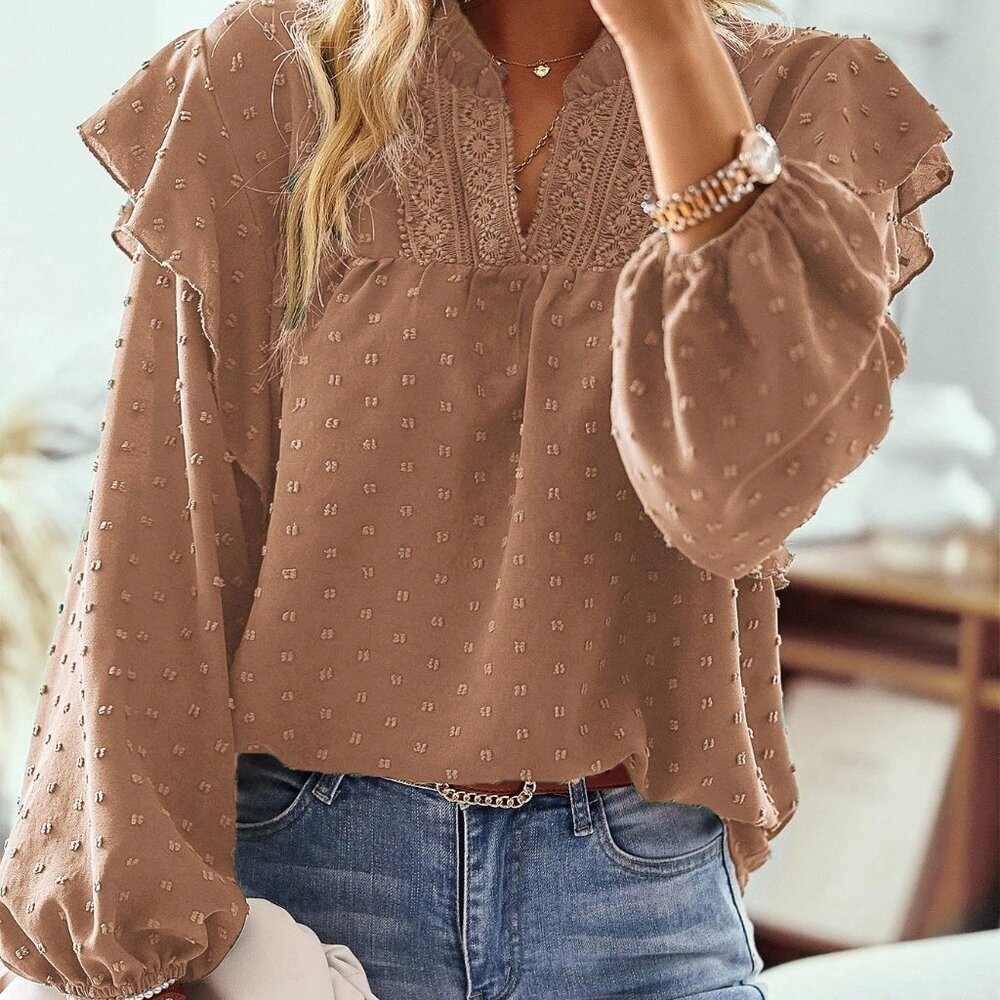 Camel Casual Women's Keyhole Neck Lantern Ruffle Swiss Dot Loose Blouse